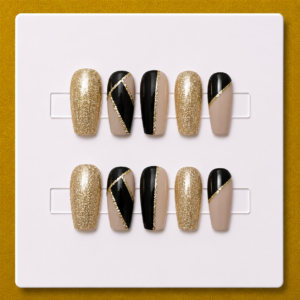 Golden Noir Elegance – Medium Coffin Unique Press-On Nails