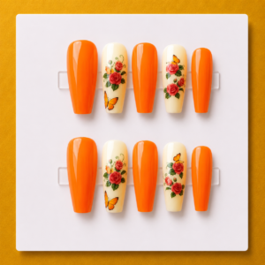 Sunset Rose & Butterfly Large Coffin Budget Press-On Nails