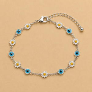 Blue Evil Eye & Daisy Silver-Tone Bracelet