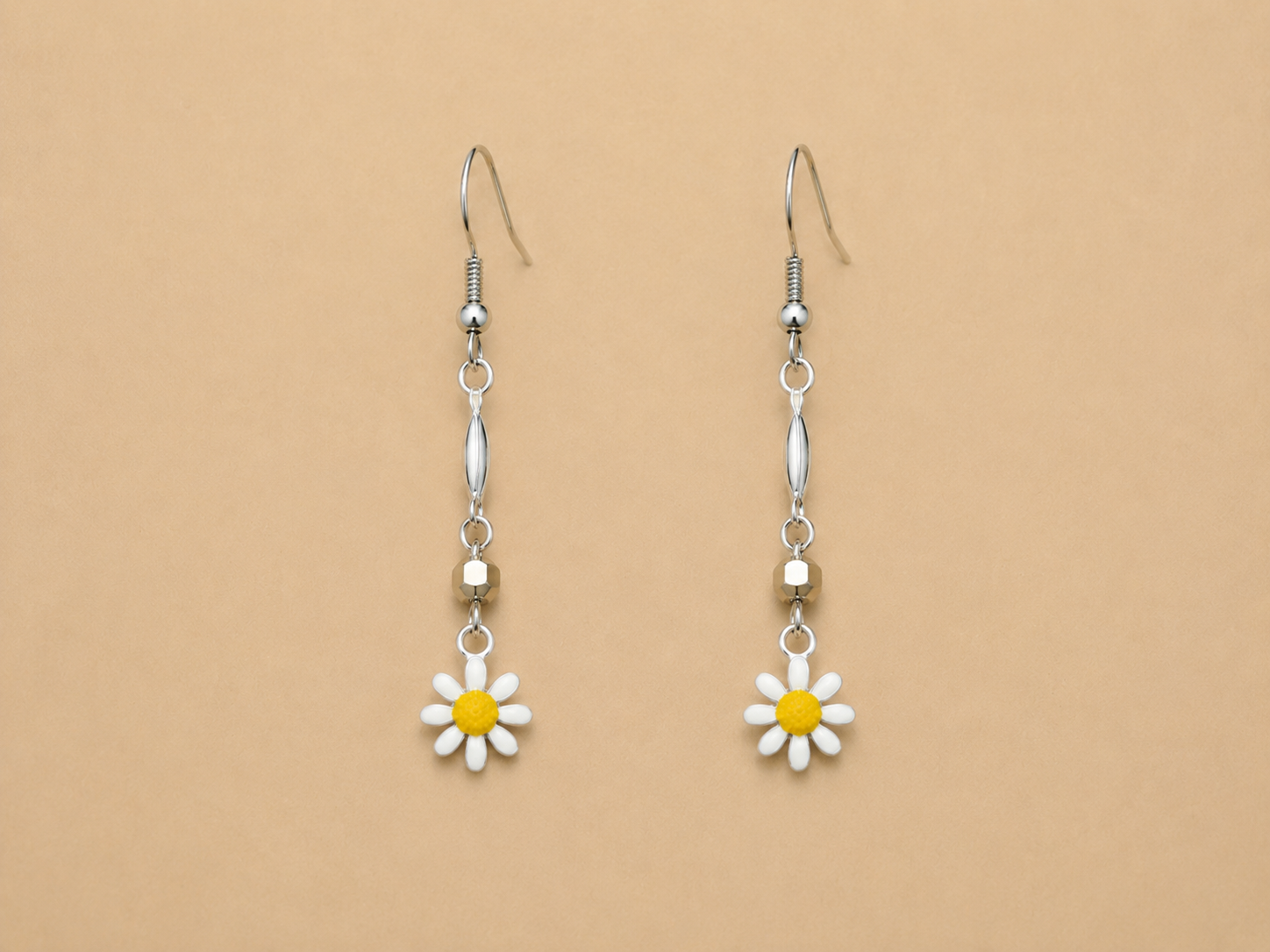 White Daisy Long Drop Earrings