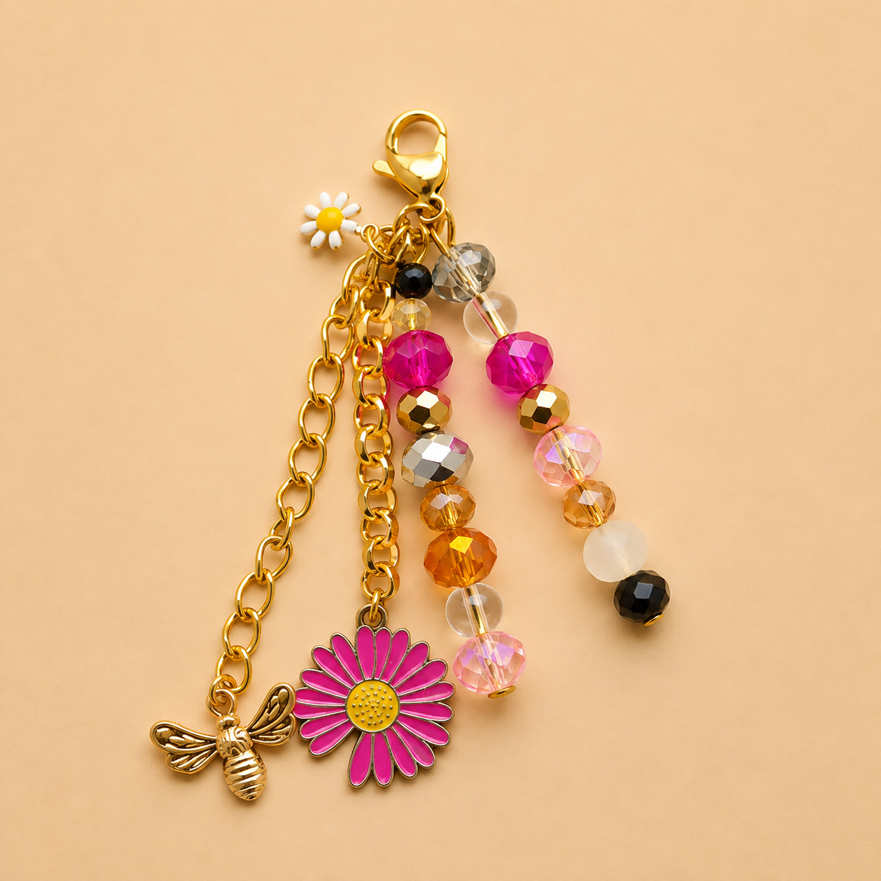 Pink Daisy & Bee Beaded Keychain Charm