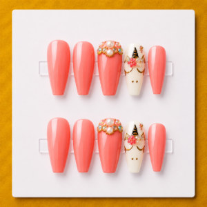 Coral Unicorn Jewel Medium Coffin Budget Press-On Nails