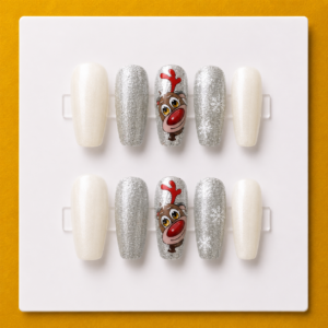 Silver Reindeer Sparkle Medium Coffin Budget Press-On Nails