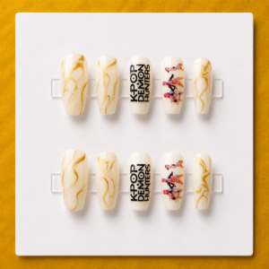 K-Pop Demon Hunters Golden Marble Medium Coffin Budget Press-On Nails