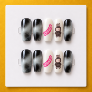 Midnight Labubu Smoke – Medium Square Budget Press-On Nails
