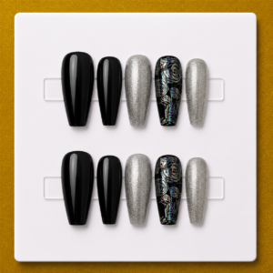 Midnight Silver Rose – Medium Coffin Unique Press-On Nails